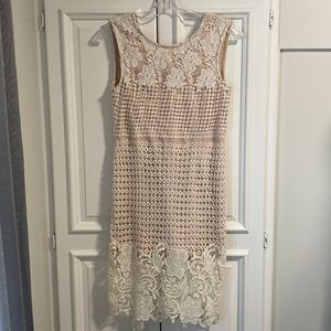 White lace, with light pink under layer dress.